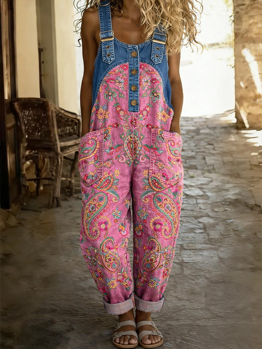 Women's Floral Art Print Washed Cotton Denim Patchwork Jumpsuit